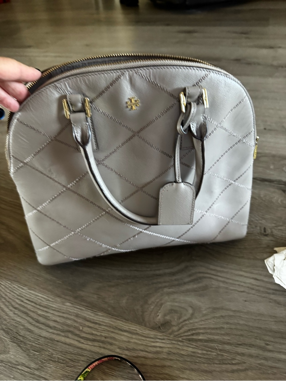 Tory Burch Quilted Dome Satchel in Light Taupe